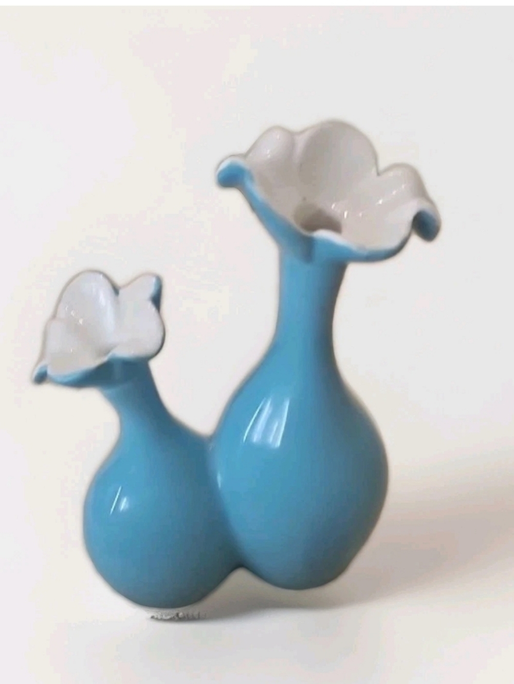 Vintage Mid-Century Double Bud Vase  Sky Blue Ceramic Flower Ruffle Top ART DECO